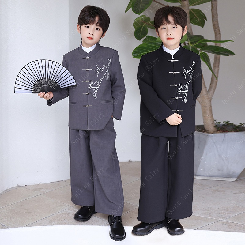 【新品追加】【最安値挑戦】男の子の新中国式ドレススタンドカラー刺繍中山服民族風コート男の子の国風唐服公演服-85