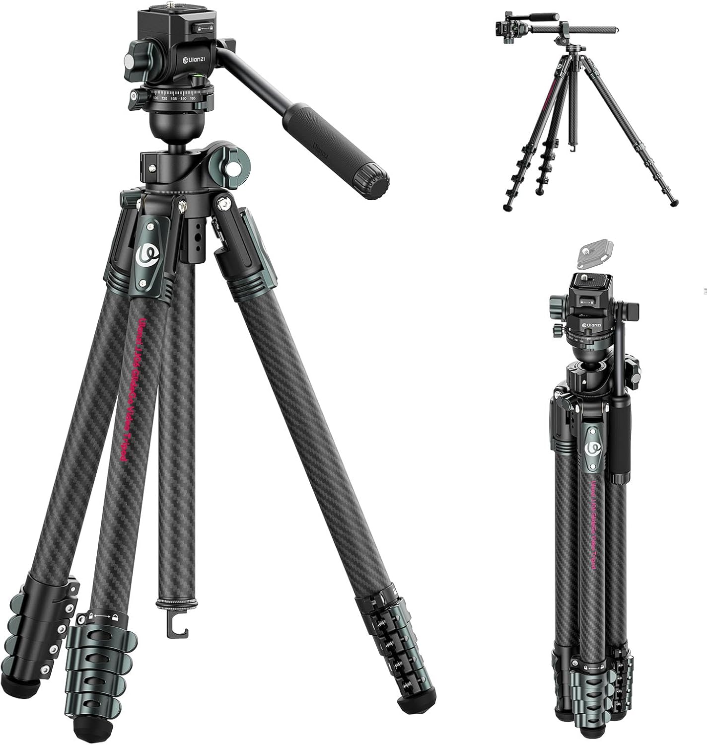 カーボン製三脚 187cm 2段式中心軸 5段階調節 360パノラマ雲台 耐荷重18kg クイックリリース対応 収納ケース付き