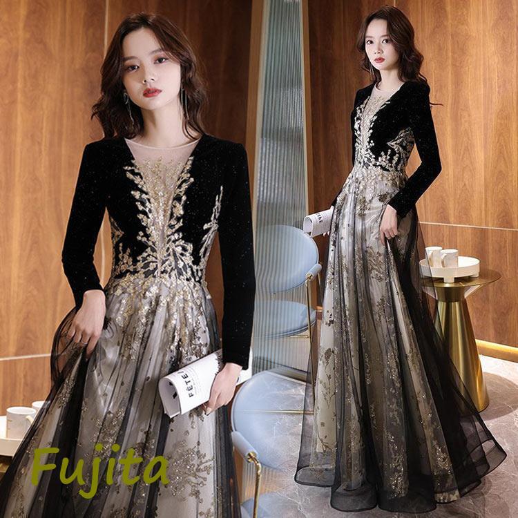 秋の特典イブニングドレス 黒 ベルベット 発表会ドレス キラキラ ロングドレス パーティードレス 長袖 Vネック 二次会ドレス 結婚式ドレス ブラック Aライン