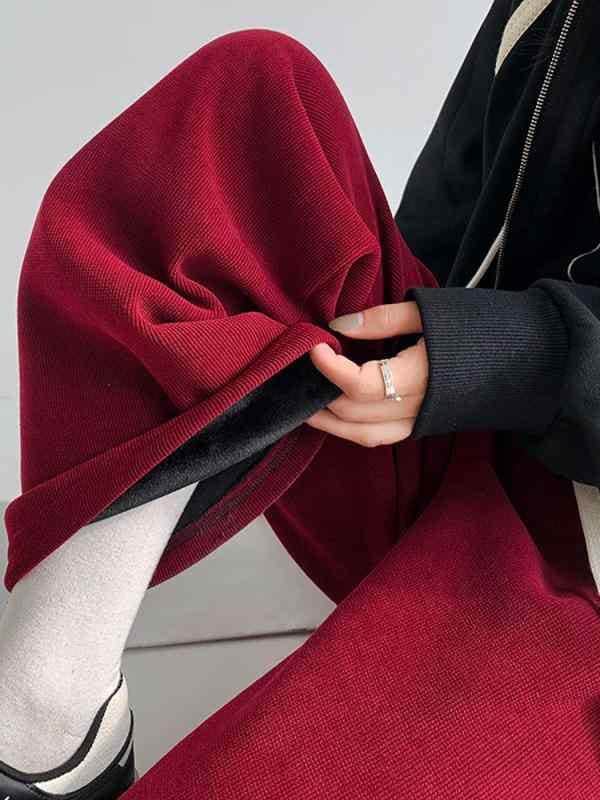 パンツ レディース 秋 冬 ボトムス ベルベット 厚手 コーデュロイ ハイウエスト スリム ストレート レッグ レッド シェニール ワイド レッグ