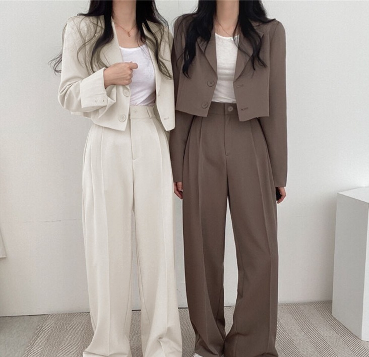 パンツスーツ セットアップ ツーピース クロップジャケット ピンタックパンツ 上下セット 2点セット ツーピース 韓国 レディース オルチャン 上着 スーツ 長袖 襟付き スリム 細身