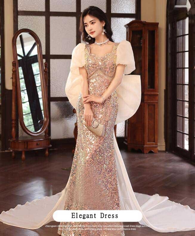 売れ 新作 エレガント 高級感 キレイめ おしゃれ レディースワンピース レディースドレス ウェディングドレス トレーン フィッシュテール ラメ感 スパンコール パフスリーブ 半袖ワンピース ロングワ