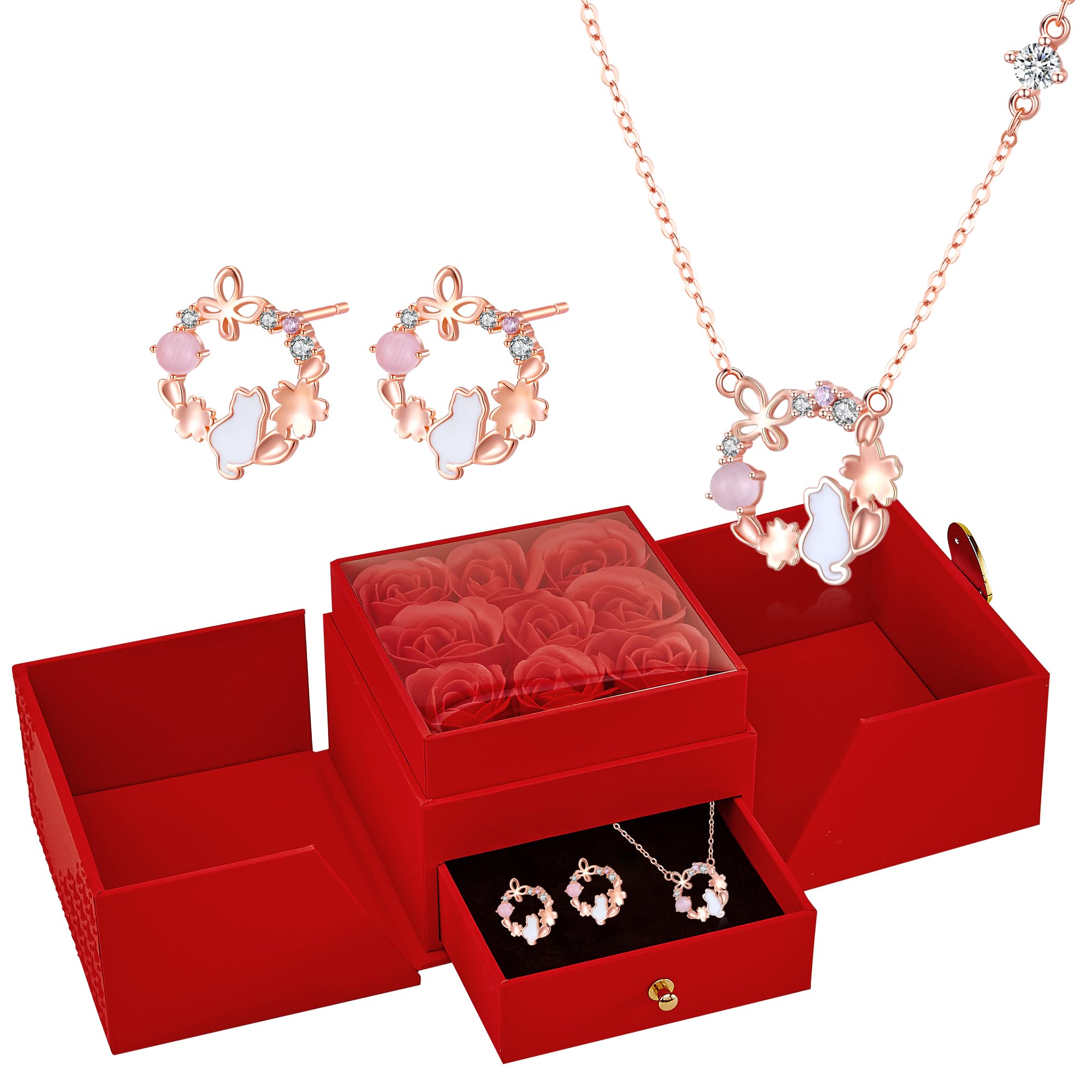 [シルバーサンダー] ピアス レディース ネックレス レディース 2点セット フープ 猫 桜モチーフ - 10月誕生石 キャッツアイ - 金属アレルギー対応 - ピンクゴールド - 可愛い 花 アクセ