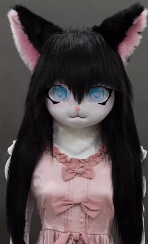 定番 着ぐるみヘッド 猫 真っ黒い 口閉じ 全頭ヘッド ケモノ マスク コスプレ衣装
