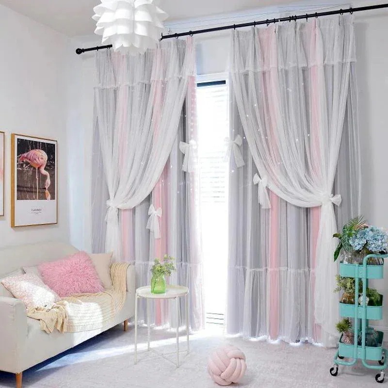 シンプルでモダンなプリンセススタイルのグラデーション3層カーテンブラックアウトベッドリビングベイウィンドウ床から天井までのウィンドウクロスガーゼ統合3061