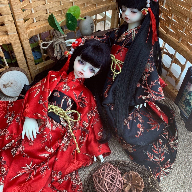 BJDドール用衣装セット 着物 浴衣 SD/MSD/幼SD/ブライスサイズ人形用 レッド/ブラック