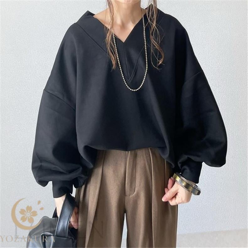 秋冬の新商品 早買い早割 長袖ブラウス シャツ Vネック トップス ビッグネック ゆったり 着痩せ 無地 切り替え ドルマンスリーブ 春 秋 ブラック カーキ長袖ブラウス シャツ Vネック トップス