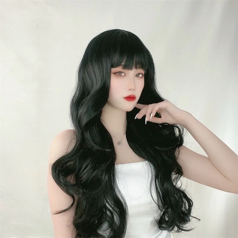 女性用合成繊維ヘアエクステンション,韓国スタイル,人形のかつら,自然な通気性,ヘッドカバー,長い,大きな波のかつら,黒,女性用帽子