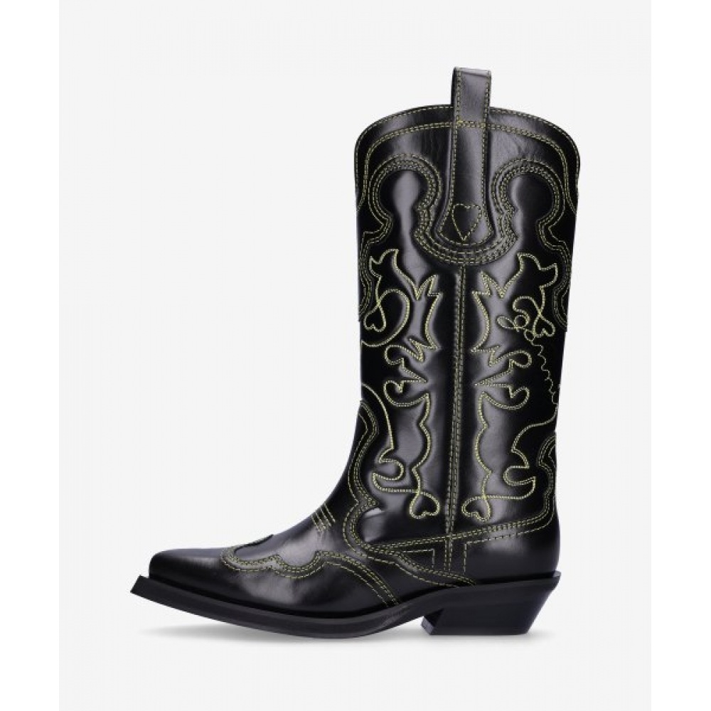 GANNI 女性用ステッチウエスタンブーツ-ブラック/S2169099