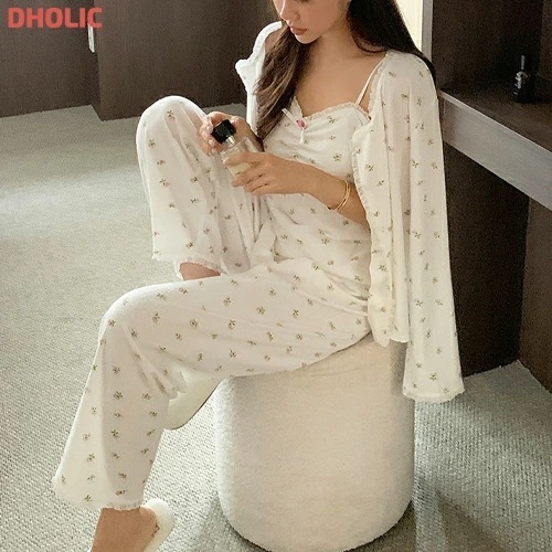 [メガ割りSALE]カップ付ソフトドローストリングウエストゴムショートロング長袖レース小花柄パンツカーディガンベストパジャマSETショートパンツ