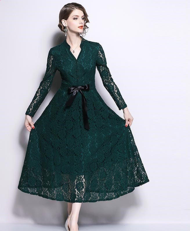 A1013.Vネックシースルーレースドレス（グリーン）2019 春夏 sale 春夏 sale ワンピース 長袖 フリル リボン エレガント お呼ばれ パーティー 結婚式 披露宴 女子会 レストラン