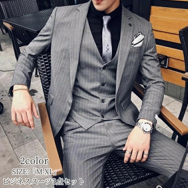 大人気 上品 ビジネススーツ ストライプ フォーマルスーツ タキシードスーツ 3点セットスーツ メンズスーツ 1つボタンスーツ 結婚式 二次会 成人式 卒業式 就職活 春秋冬 大きいサイズ 発表会 紳