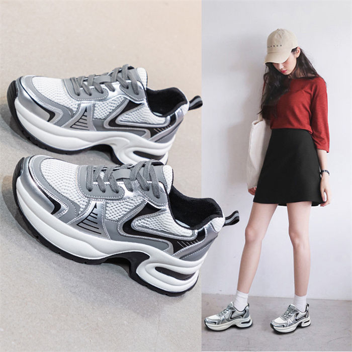 スニーカー レディース 厚底 ダッドスニーカー 4.5cmアップ 背が高くなる靴 メッシュシューズ 春 夏 秋 シルバー メッシュ シューズ 靴 スポーツ ウォーキングシューズ 通気性良い きれいめ