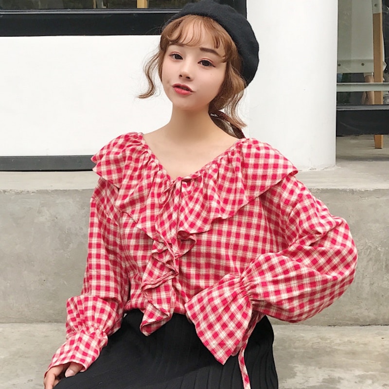チェックフリルブラウス ガーリー キュート お出かけ ふんわり 0276t