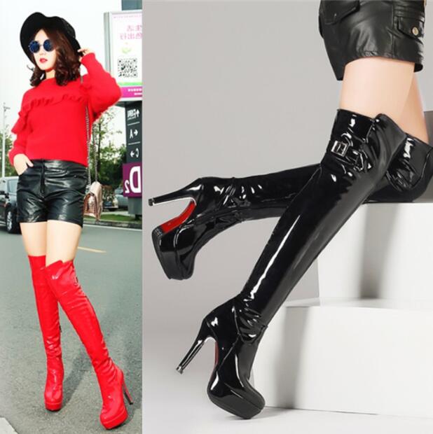 【期間特典】レディースブーツ　ニーハイブーツ　エナメル　11.5センチ　超ハイヒール　光沢　ロング丈　　秋冬　春秋　　サイハイブーツ　大きいサイズ　26.5cmまで　小さいサイズ　 ピンヒール　スーパ