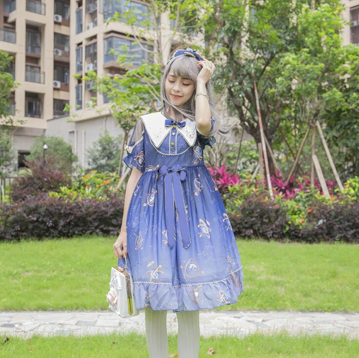 ロリータワンピース 半袖ワンピース 可愛いロリータ服 星柄 プリンセスライン グラデーション