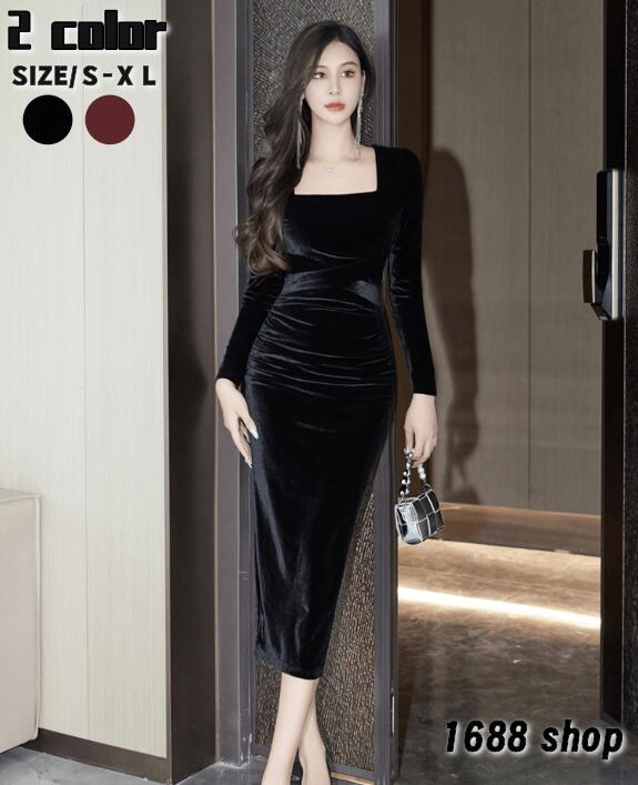 SNSで話題2025 タイトワンピース 姫系ワンピース　シンプル　ワンピース インポート ひざ丈 ミドル丈 エレガント　韓国ファッション シンプル Vネック パーティドレス 長袖　お嬢様 セクシー ミ