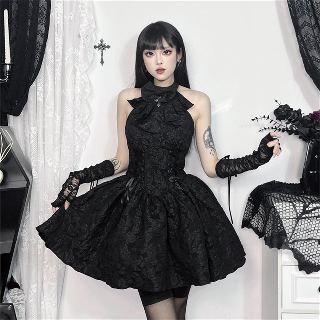 ハロウィン 今 短纳期 暗黒系 オフショルダー リボン 黒 ブラック S M L ワンピース最安値! 4,760円