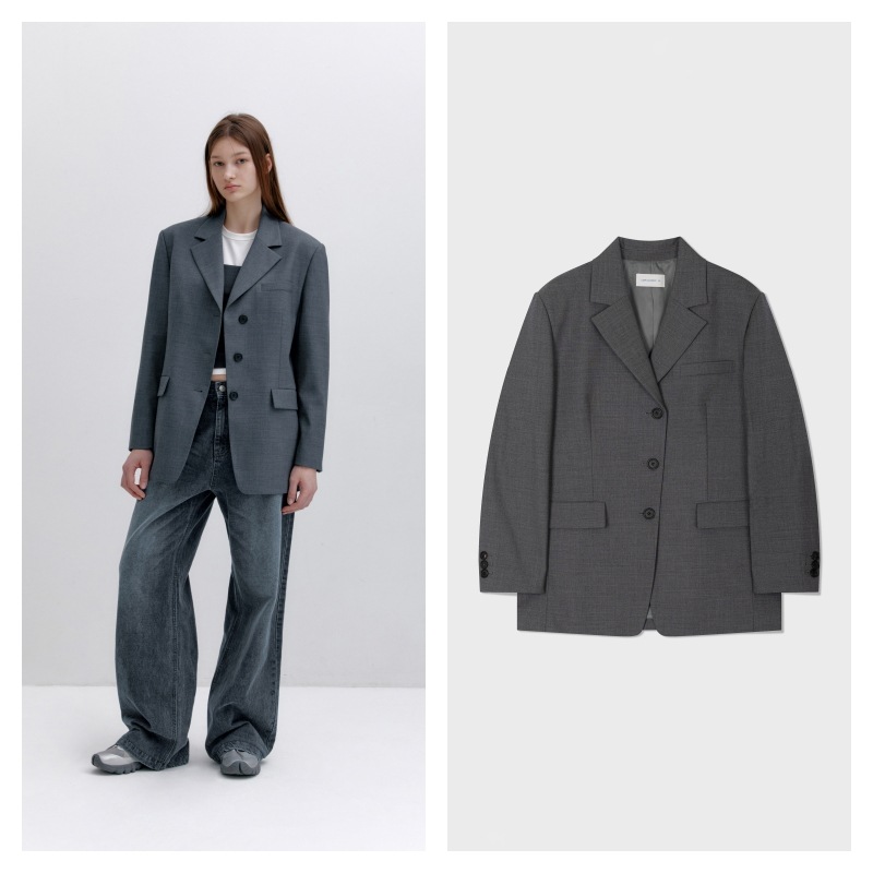 【LOW CLASSIC】 OVERSIZED 3-BUTTON WOOL BLAZER : GREY