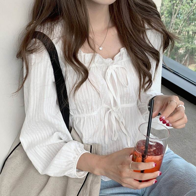 トップス ブラウス チュニック 袖あり 長袖 Vネック フレンチスクエア ペプラム シフォン フリル リボン かわいい 大人可愛い シンプル カジュアる 上品 おしゃれ かっこいい レトロ 大人可愛い