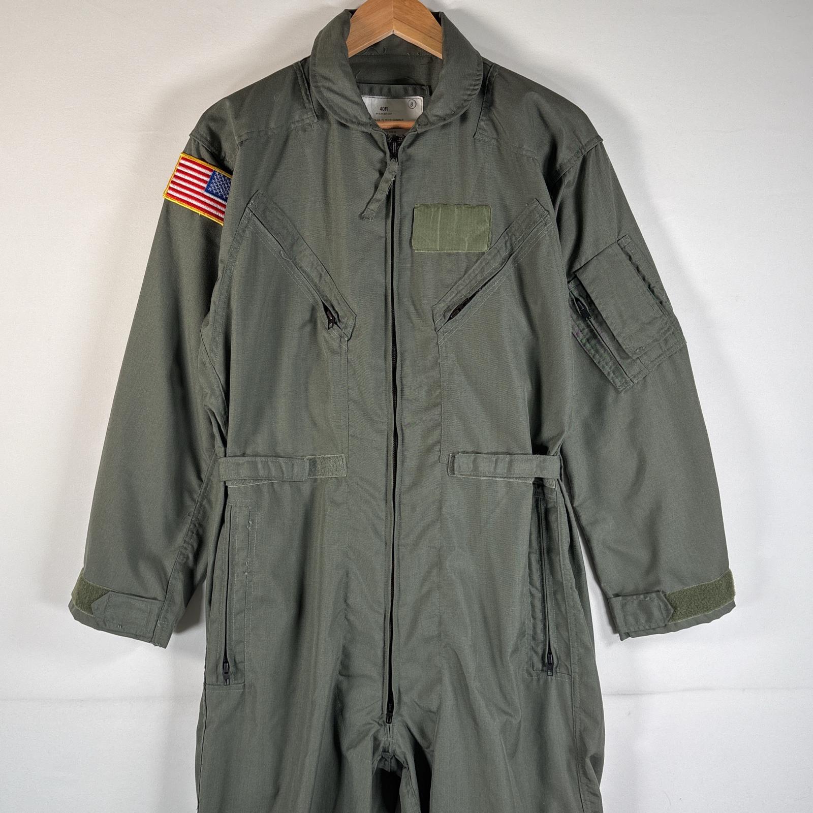 古着 ミリタリー 長袖つなぎ オールインワン ワーク 作業着 米軍実物 タロンジップ ワッペン 袖ポケット 40R オリーブグリーン系 メンズ