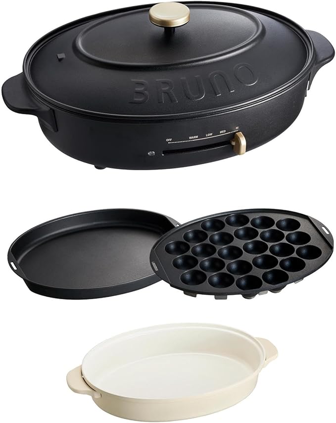 ブルーノ オーバルホットプレート 本体 プレート3種 (たこ焼き 深鍋 平面) ブラック Black 黒 おしゃれ かわいい これ1台 一台 蓋 ふた付き 1200w 温度調節 洗いやすい 1人 2人