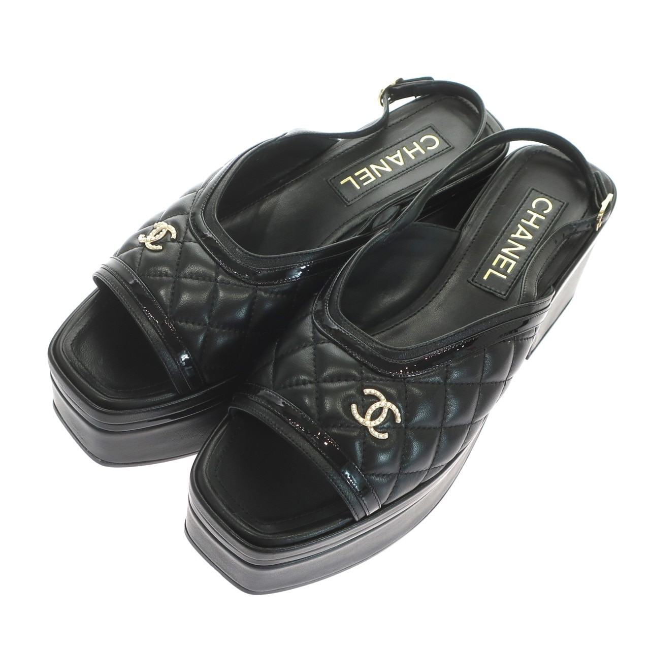 【新品】マトラッセ ココマーク パール サンダル G45009 23A 38 1/2 24.5cm ラムスキン パテントレザー ブラック 黒 ゴールド金具 レディース