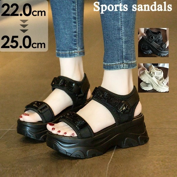 スポーツサンダル 厚底 レディース ヒール6cm ベルト コンフォート 歩きやすい 軽量 美脚効果 スポサン 厚底サンダル ビーチサンダル 厚底靴 カジュアル 夏 黒 オフホワイト 22.0 22.
