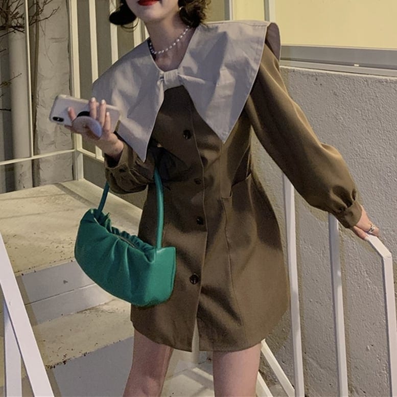 2color レディース ワンピース ビッグカラー ミニワンピ リボン ショート丈 長袖