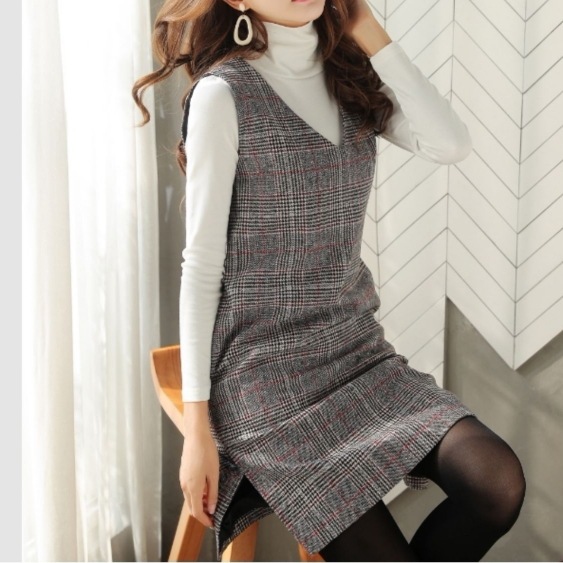 ジャンパースカート 千鳥格子 ツイード 春 レディース ミドル丈 Vネック ノースリーブ チェック柄 ストラップスカート ルーズウエスト Aラインスカート ファスナー ポケット 秋冬 10代 20代