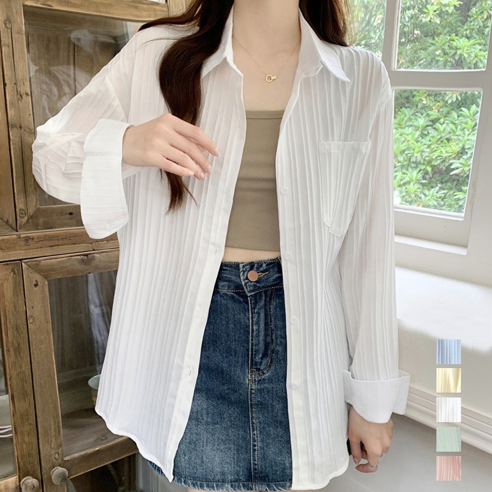 国内即納 シャツブラウス プリーツストライプ 長袖 77XNING-001