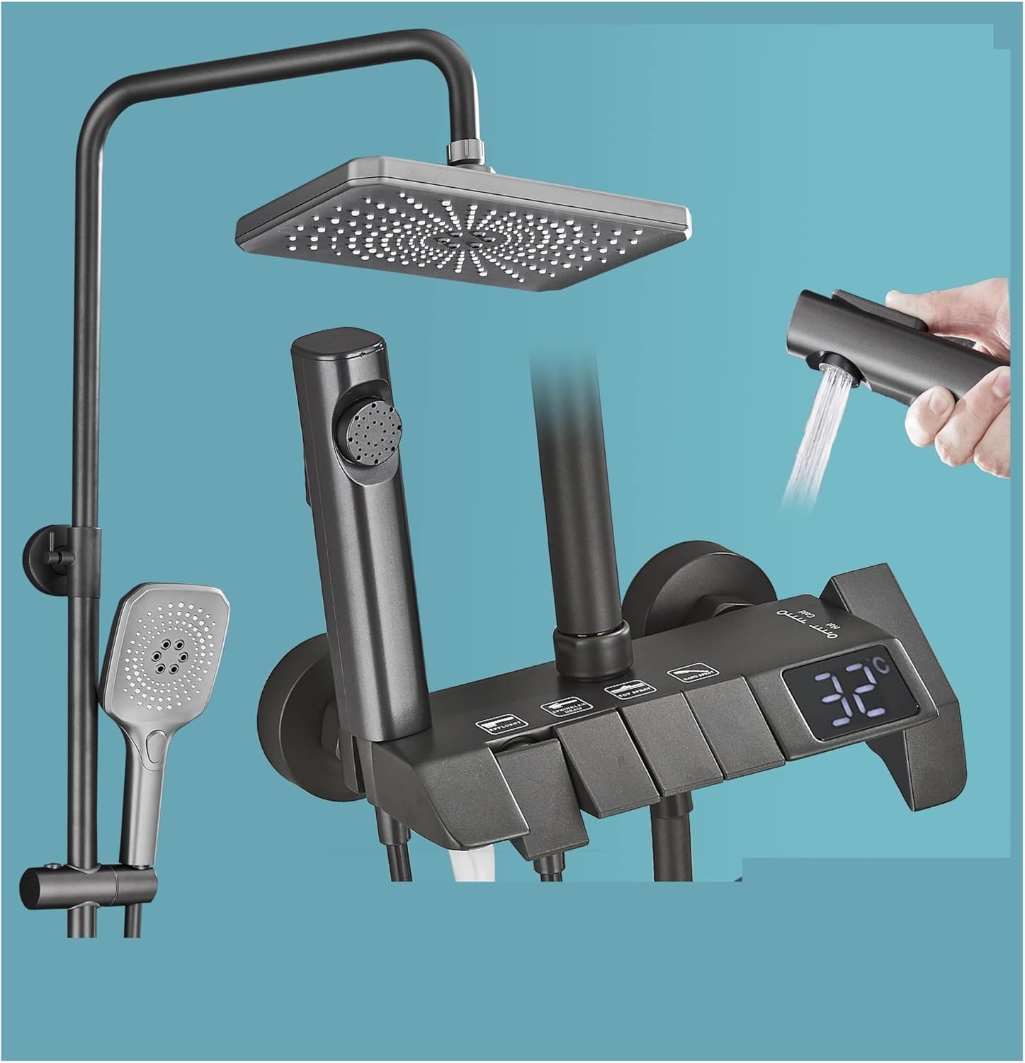 シャワーヘッド 天井シャワーヘッド グレーピアノデジタルシャワーセットインテリジェント真鍮バスルームシャワー蛇口ホットコールド滝タップ降雨グレーシャワーシステム 節水マイクロナノフォーム 壁掛け (C