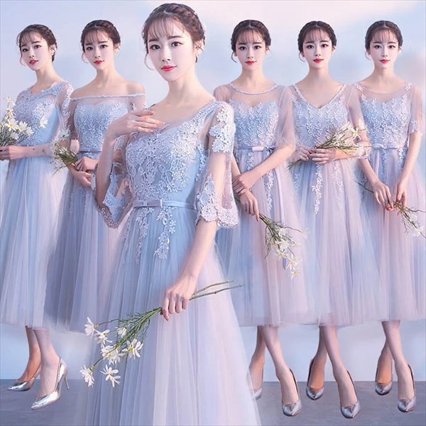 ブライズメイド ドレス ミモレ丈 大きいサイズ 小さいサイズ パーティー 結婚式 体型カバー Aラインフォーマル 卒業式 発表会 演奏会 20代 30代 40代 グレーXS/S/M/L/XL/2XLd