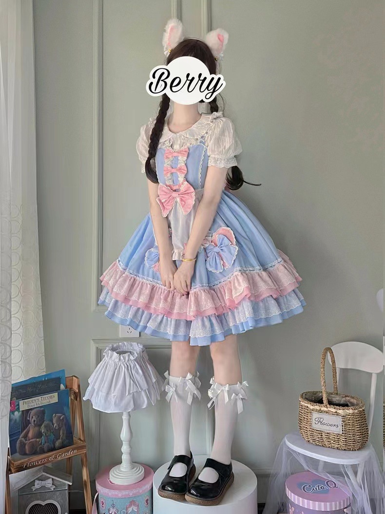 Lolita夏季大童JSK连衣裙洛丽塔显瘦收腰套装女生萝莉塔蕾丝边裙 7,555円