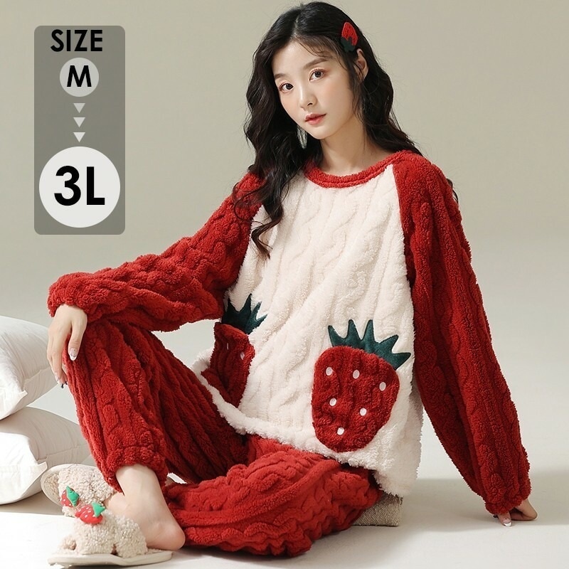 挑戦最安値!パジャマ 冬 もこもこ 部屋着 イチゴ柄 大きいサイズ かわいい レディース 冬用 あったか モコモコ 誕 セット ギフト 結婚祝い プレゼント ML2L3L レッド dg001m7m7x