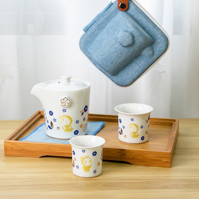 ドラえもん茶器旅行セット携帯型軽量携帯アウトドア飲み茶器持参セラミック茶器バッグ