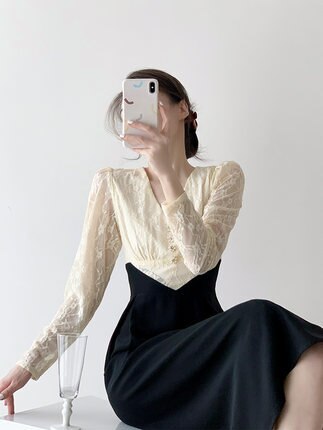 ワンピース レディース ドレス ロング丈 マキシ 長袖 Vネック ストレート 刺繡 レース ハイウエスト 異素材ミックス きれいめ かわいい フラワー ロングシーズン イベント 結婚式 ブラック 韓国