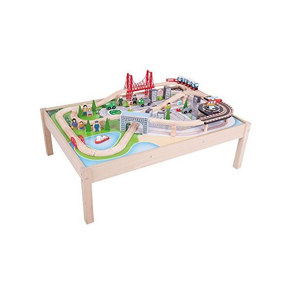 Bigjigs Rail BJT045 Wooden City Train Set and Table - 59 Play Pieces 並行輸入品