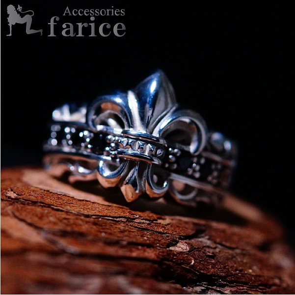 ブラックキュービックジルコニアラインストーン&カットフレア シルバーリング