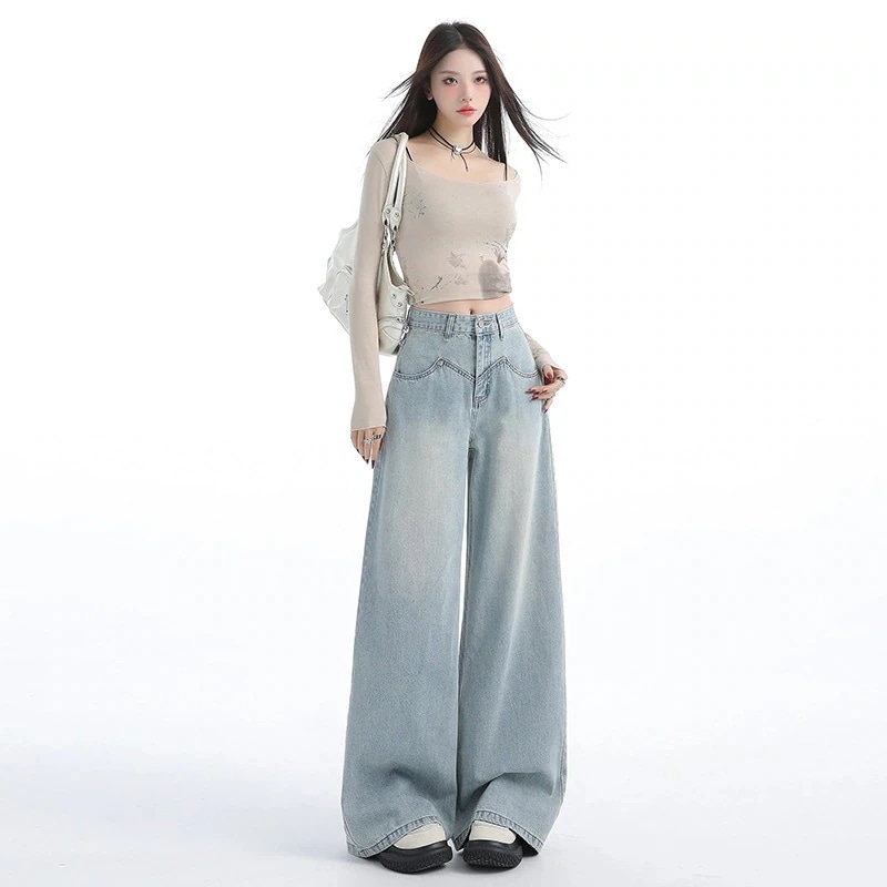 【BIG-SALE限定】【迅速な出荷】ライトブルーのハイウエストワイドデニム女性デザイン感レトロなドレープ感ゆったりパンツモップ