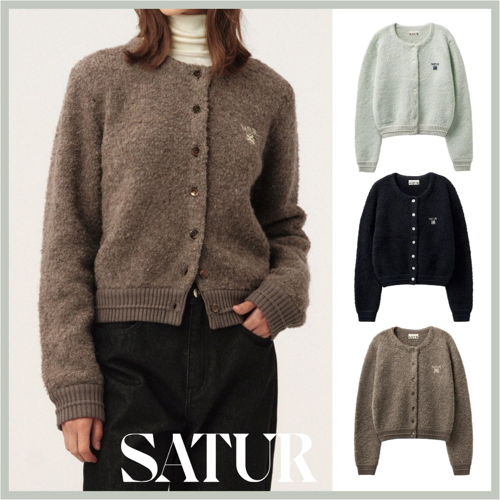 [正規品] Boucle Crew Neck 無地 長袖 ボタン カーディガン