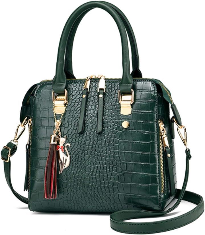 ショルダーバッグ ハンドバッグ 小さめ 2way ショルダーベルト付き 斜めがけ 肩掛け クロコ型押し PUレザー(グリーン)