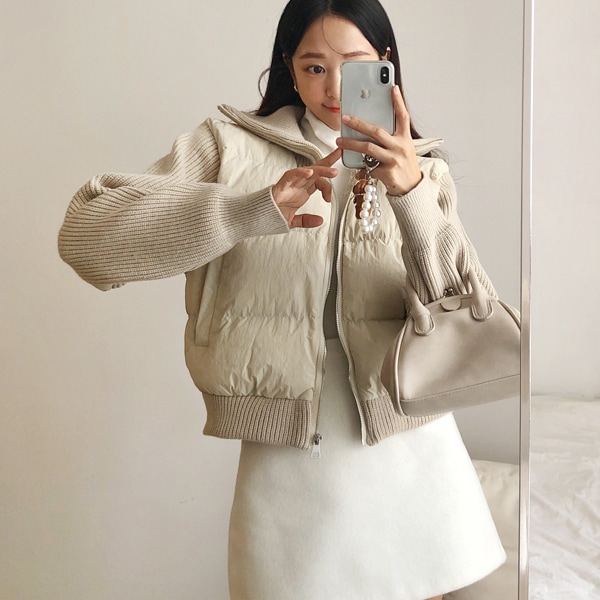 韓国ファッション ニットミックス ハイネック ジップアップ ショート ダウンジャンパー