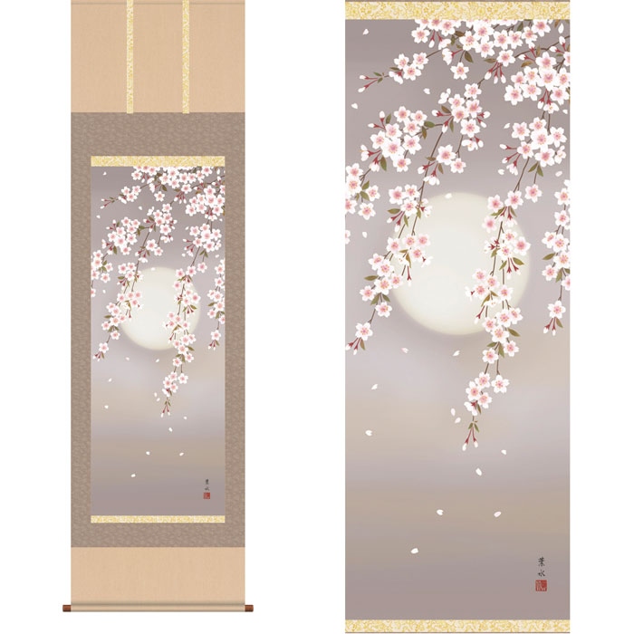 掛軸 「夜桜」 緒方葉水 筆 [ 収納箱 10年保証 43ｘ111 国内産 国産 桜 春 夜桜 和 受注生産 床の間 和風 掛け軸 日本製 名画 縁起物 プレゼント 画寸 ]