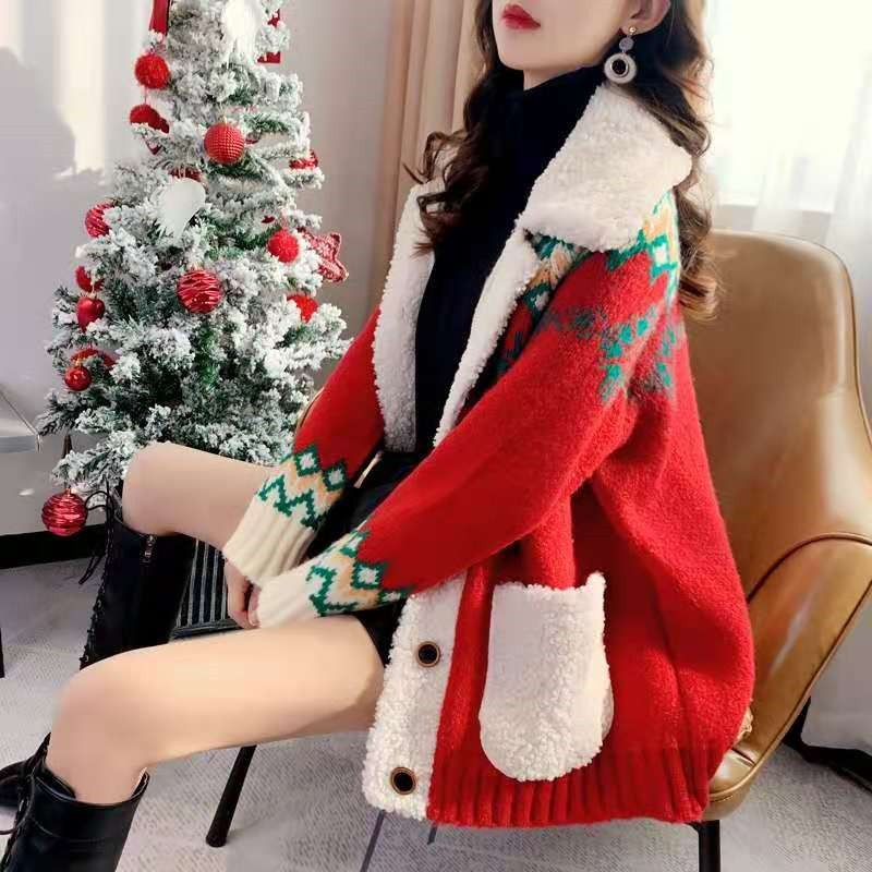 クリエイティブ 2024 秋と冬のクリスマス供給新鮮で甘いカーディガンジャケット女性厚いセータールーズニット女性