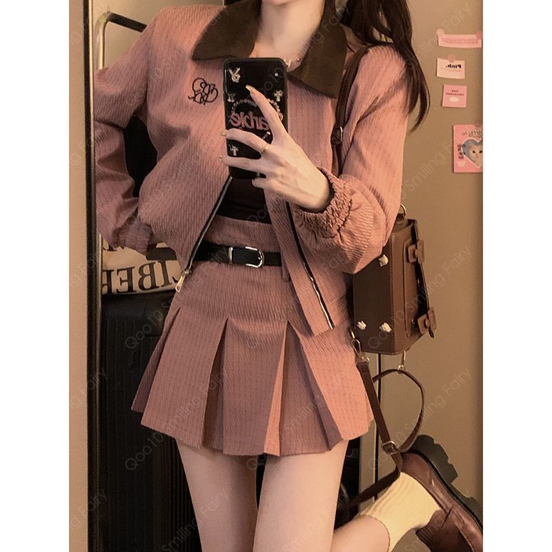 【新品追加】【最安値挑戦】 涼しく楽ちんセットアップ レディース デザイン感のあるジョイントカラーの野球ウェア春秋タイプのハイウエスト半身スカートスーツ 制服 韓国ファッション-96