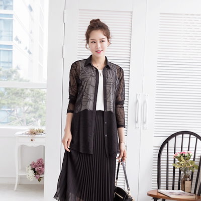 マダム4060ママの服、パール・網タイツブラウスXBL707128 ルーズフィット/ロングシャツ/ブラウス/ 韓国ファッション マダム4060ママの服、パール・網タイツブラウスXBL707128 ルーズフィット/ロングシャツ/ブラウス/ 韓国ファッション