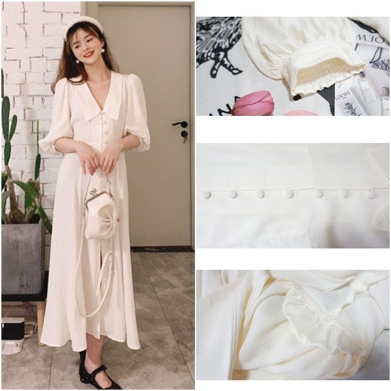 【取寄：納期2週間】半袖ワンピース ホワイトシャツ 無地 半袖 シャツワンピース ハイウエスト ロングスカート パフ袖 Vネック Aラインスカート お呼ばれ 体型カバー フェミニン エレガント レトロ