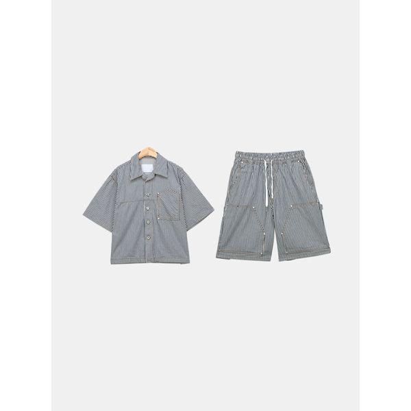 メンズ ストライプ ワークジャケット ハーフパンツ セット 夏 セットアップ SMOR068_P395059884
