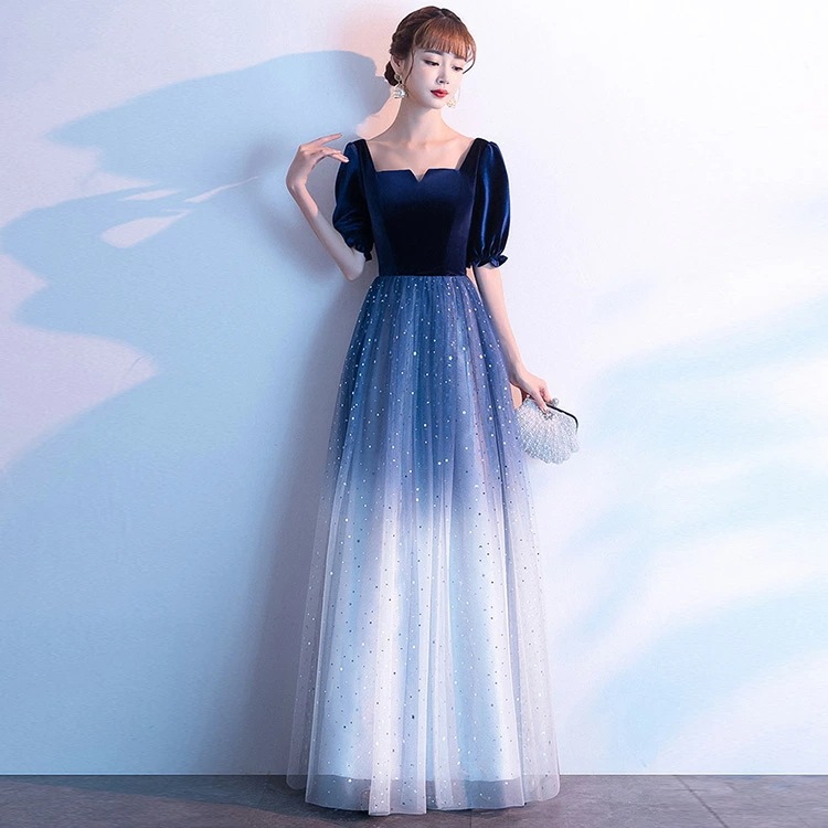 イブニングドレス ロングドレス スパンコール 星柄 パーティードレス ベロア ベルベット ネイビー 紺色 ワイン赤 結婚式ドレス 二次会ドレス パフスリーブ 20代 30代 キレイめ お呼ばれドレス